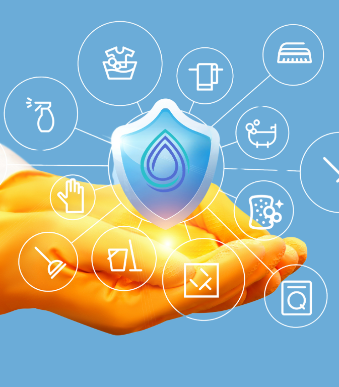 Service, Hygiene Hände halten ein Wassersymbol, umgeben von Icons für Hygiene und Schutz.